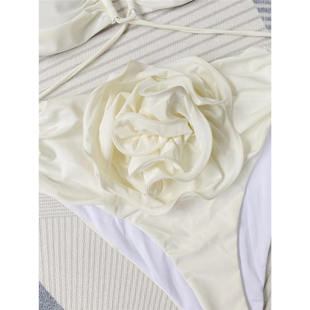 Floral 3D Detail Bikini Swimsuit With High Waist And Wrinkled Texture For Beach Days