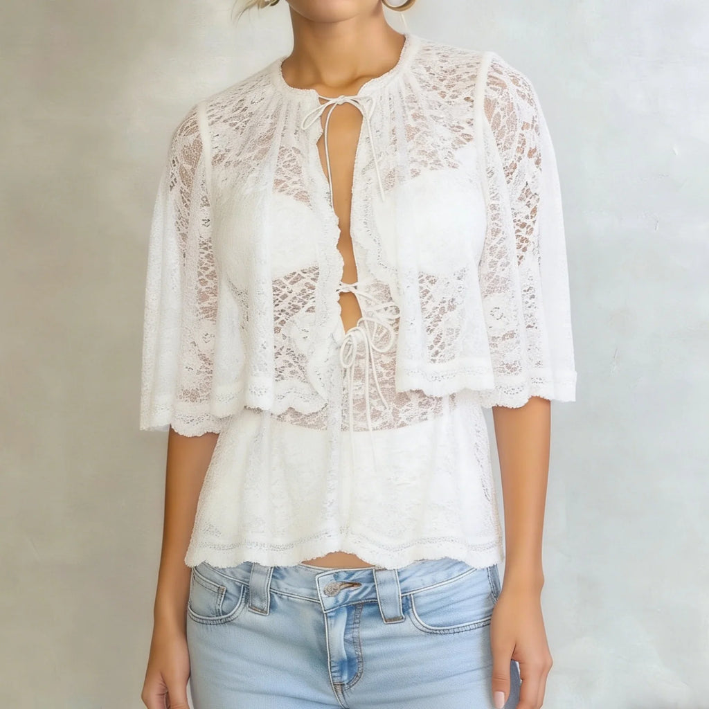 Lace Cape Tops Sexy Ruffled Trim Front Tie Closure Short Sleeve Mesh Blouse