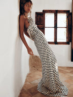 Backless Dot Print Floral Maxi With Spaghetti Straps
