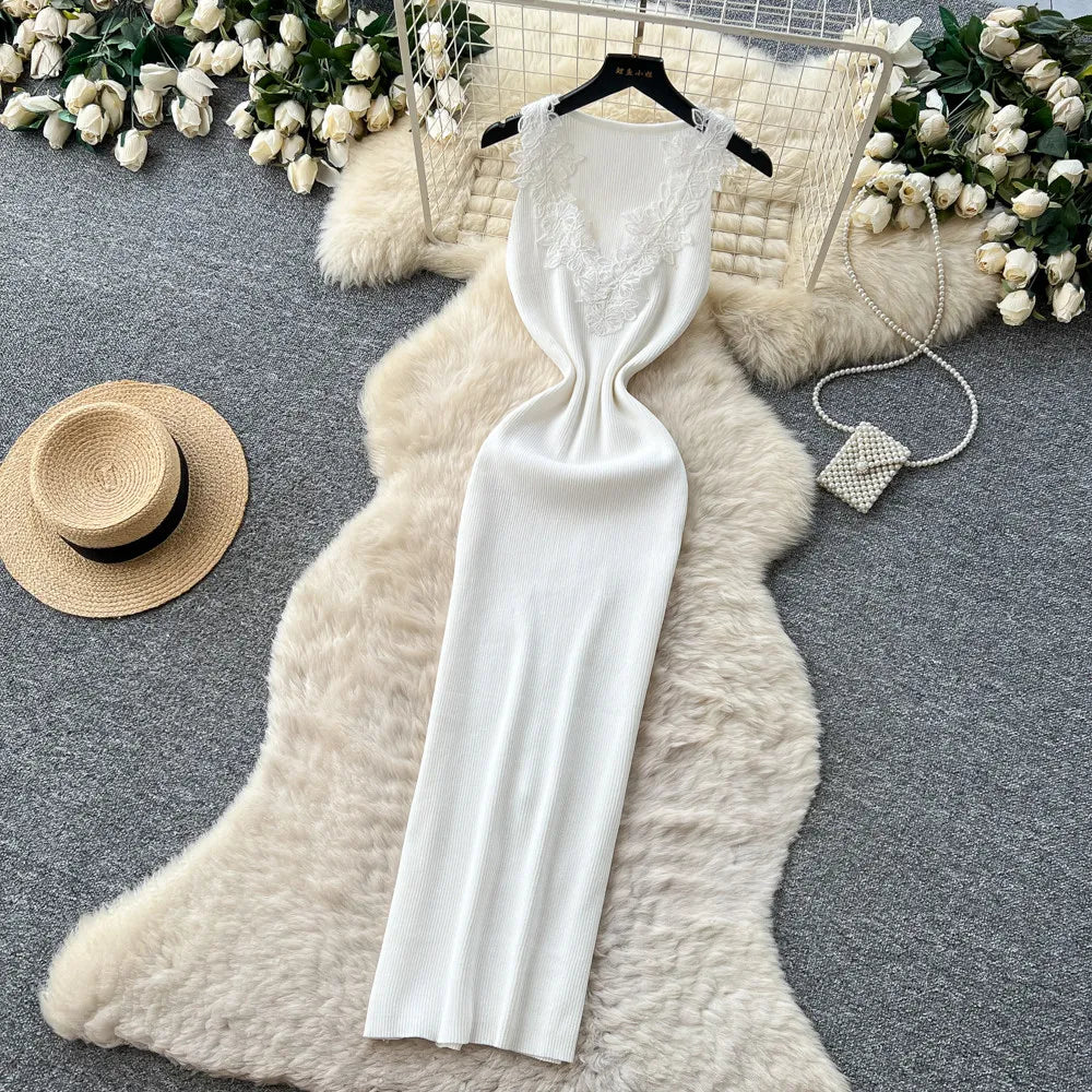 French Style Lace Knit Sleeveless Bodycon Maxi Dress