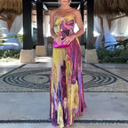 Off Shoulder Pleated Long Party Dress With Print