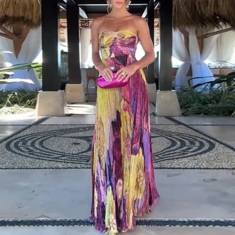 Off Shoulder Pleated Long Party Dress With Print