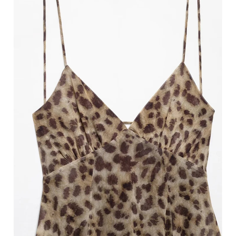 Leopard Print Tulle Slip Dress With Backless Draped