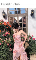 French Lace Trim Floral Neck Hanging Strap Dress