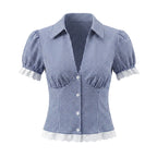 Vintage Lapel Collar Puff Sleeve Lace Patchwork Sweet Plaid Single Breasted Blouse