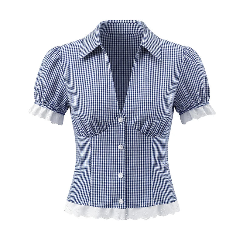 Vintage Lapel Collar Puff Sleeve Lace Patchwork Sweet Plaid Single Breasted Blouse
