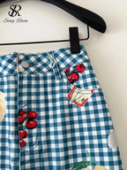 Retro Fruit Plaid Mini Skirt With Button Detail A Line