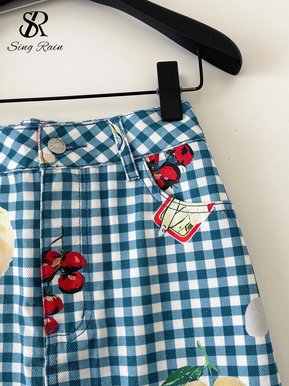 Retro Fruit Plaid Mini Skirt With Button Detail A Line