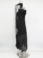 Elegant Polka Dot Halter Sleeveless Maxi Dress With Pleated Skirt And Ribbon Scarf
