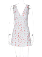 Cherry Print Straps Backless Draped Mini Dress