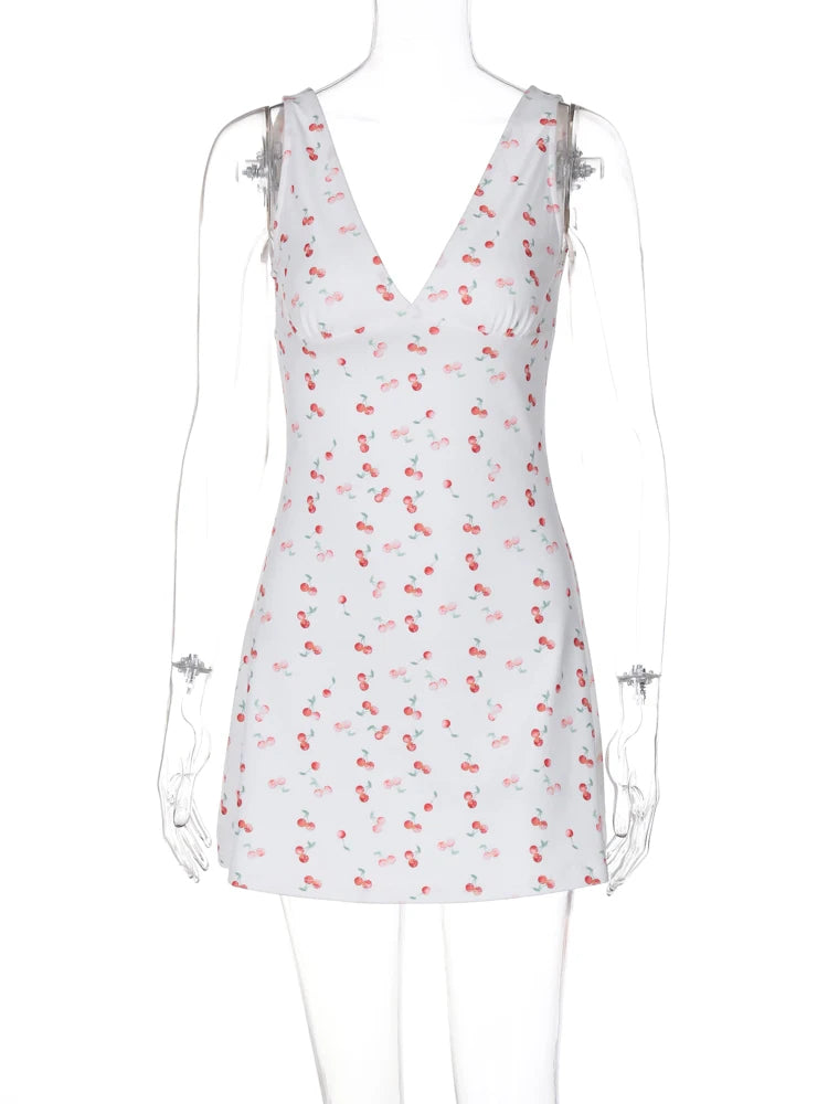 Cherry Print Straps Backless Draped Mini Dress