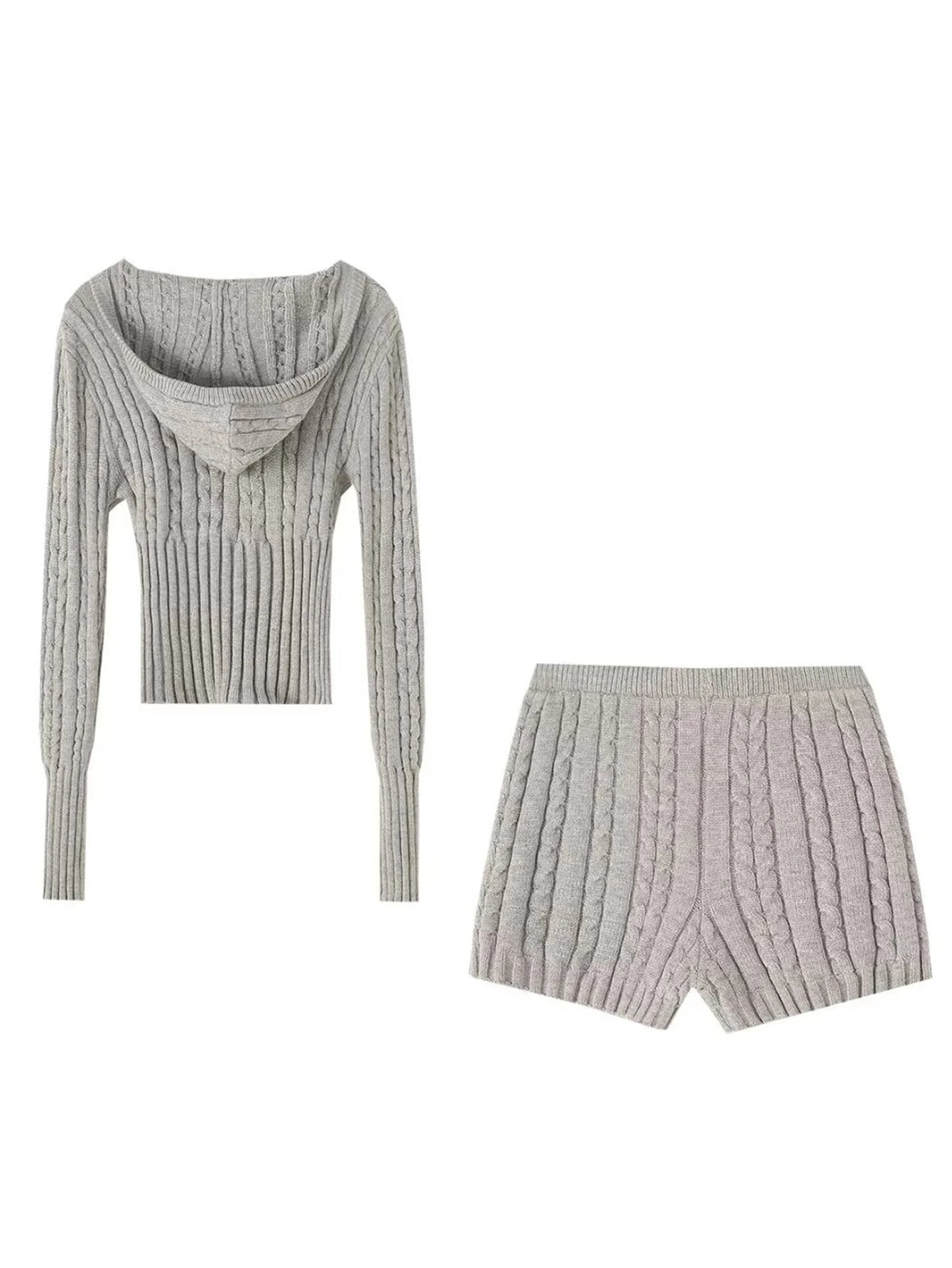 Sexy Vintage Hooded Knitted Long Sleeve Set