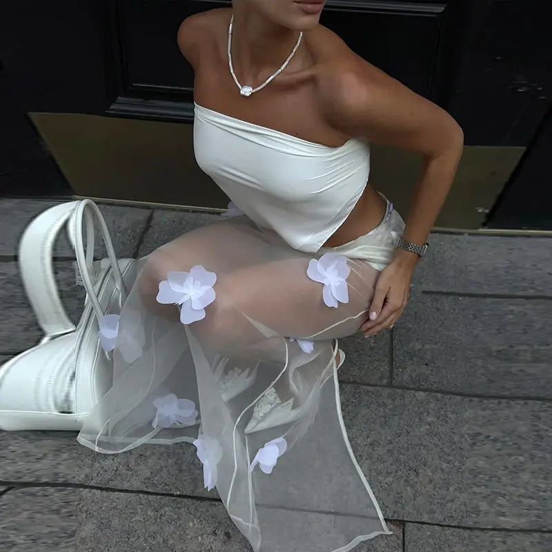 See Through Mesh Skirt With 3D Floral Embroidery High Waist Maxi