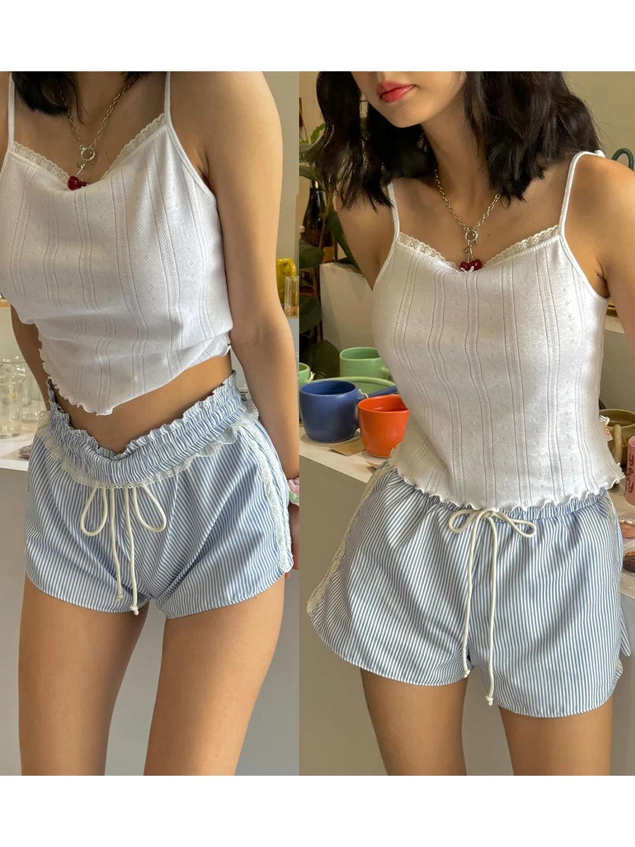 Vintage Kawaii Ruffles Lace Trim Striped Shorts With Drawstring For Cozy Cottagecore
