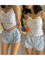 Vintage Kawaii Ruffles Lace Trim Striped Shorts With Drawstring For Cozy Cottagecore
