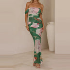 Elegant Floral Mesh Maxi Dress Sleeveless With Slash Collar