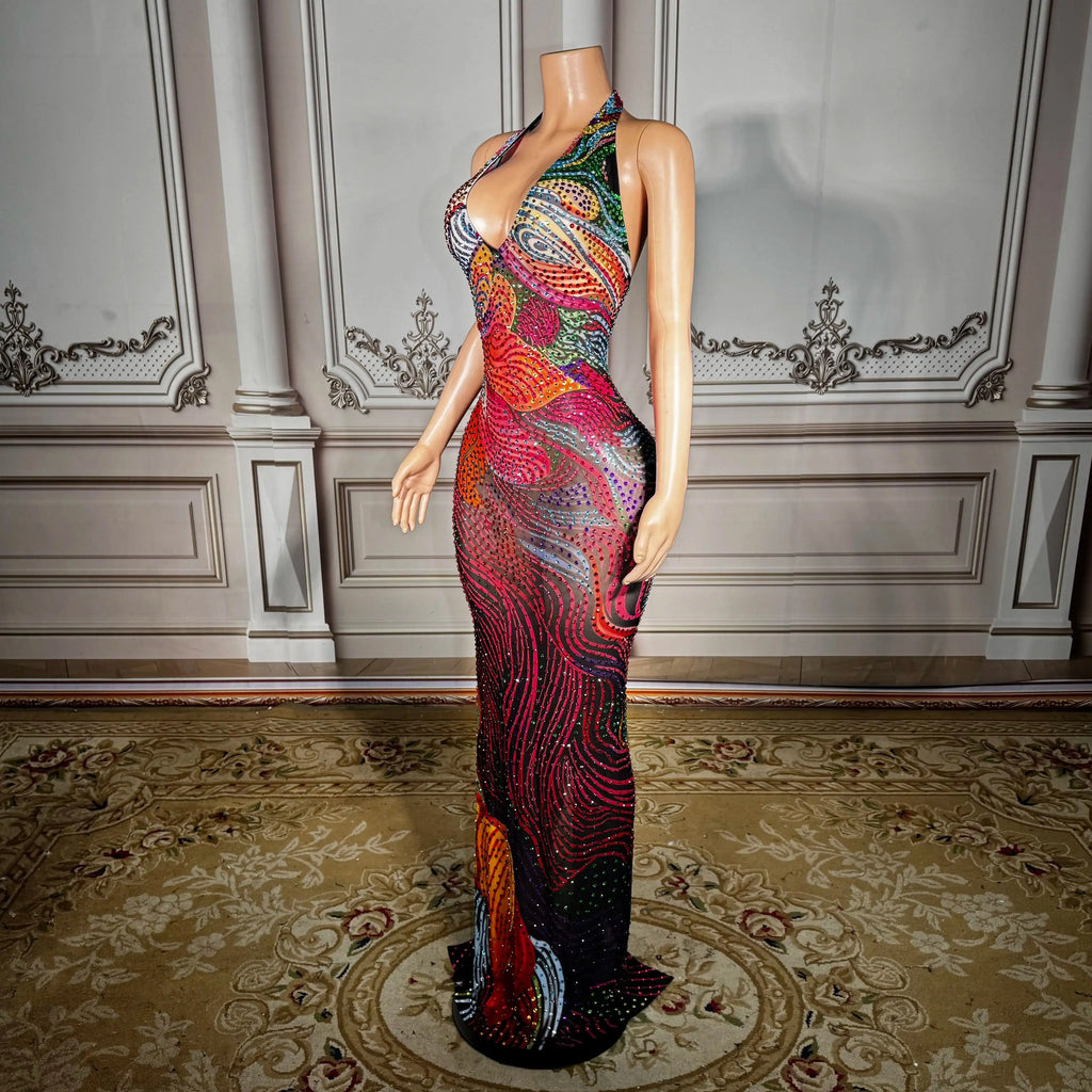 Plus Size Glam Night Sheer Mesh Dress With Colorful Rhinestones