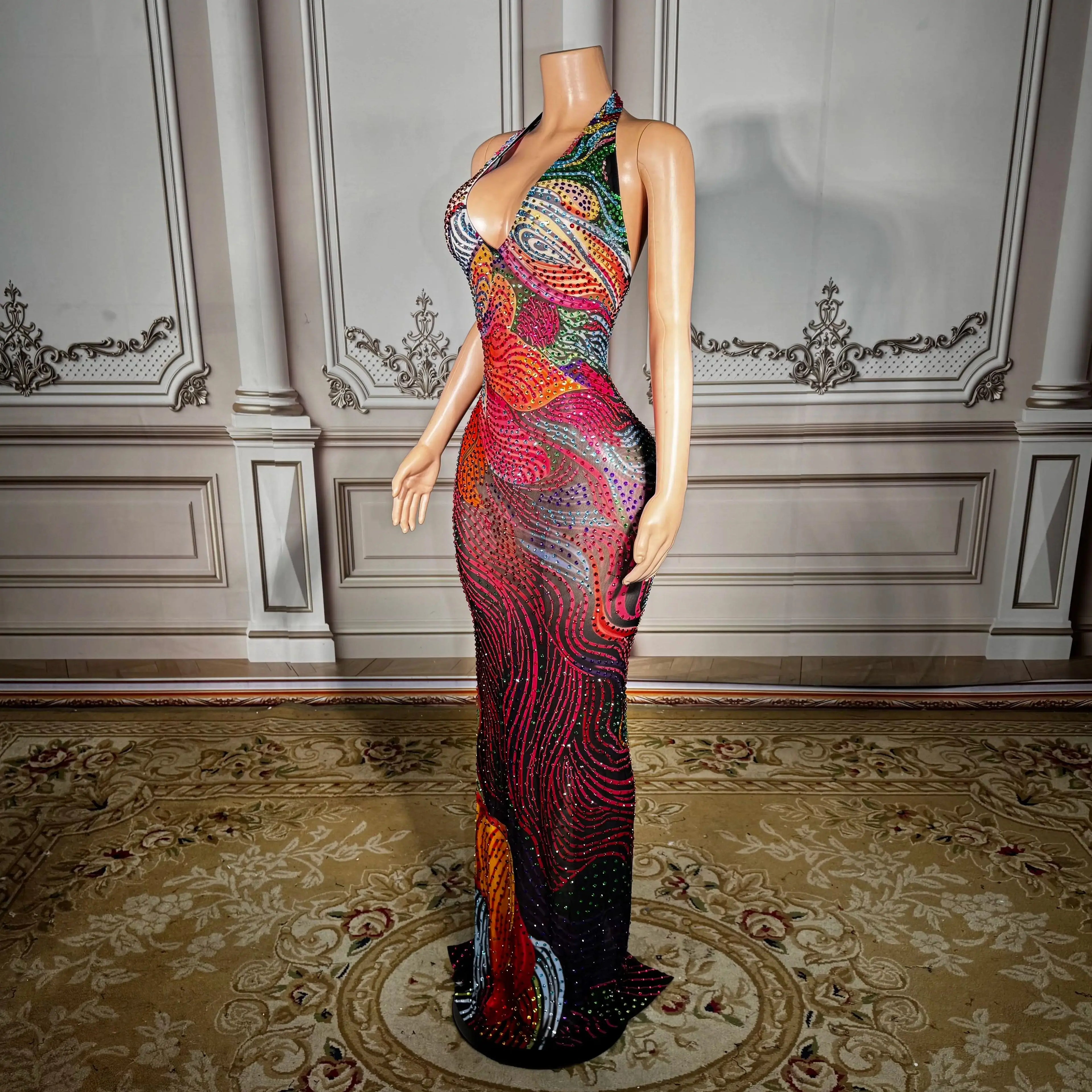 Plus Size Glam Night Sheer Mesh Dress With Colorful Rhinestones