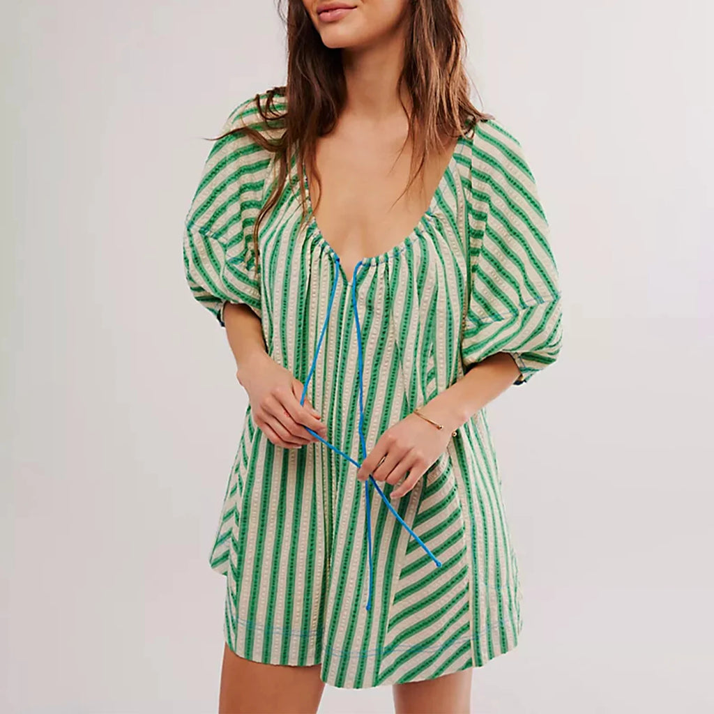 Y2k Rompers Sexy Loose Puff Sleeve V Neck Striped Jumpsuits Shorts Overalls Dress