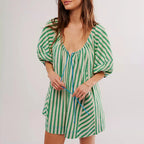 Y2k Rompers Sexy Loose Puff Sleeve V Neck Striped Jumpsuits Shorts Overalls Dress