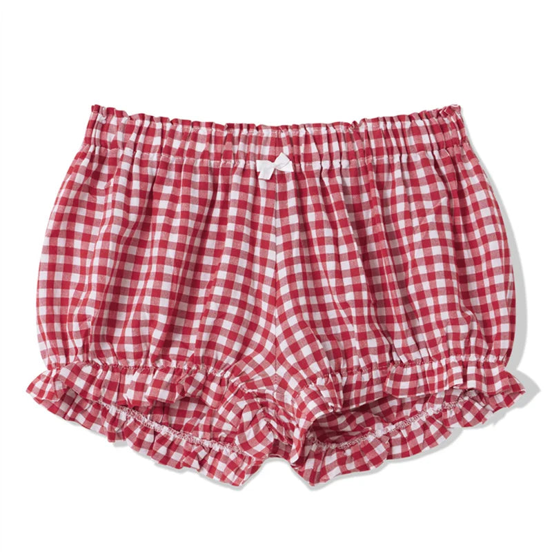 Cozy Kawaii Plaid Pajama Shorts With Elastic Waist Ruffle Trim