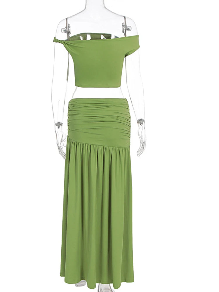 Gold Brooch Top And Maxi Skirt Set With Ruched Detail And High Slit