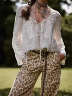 White Lace-up Women Blouse Cotton Bohemian Lace Splice Hollow out U Neck Lightweight Shirt
