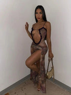 Sheer Mesh Maxi Dress With Lace Up Detail