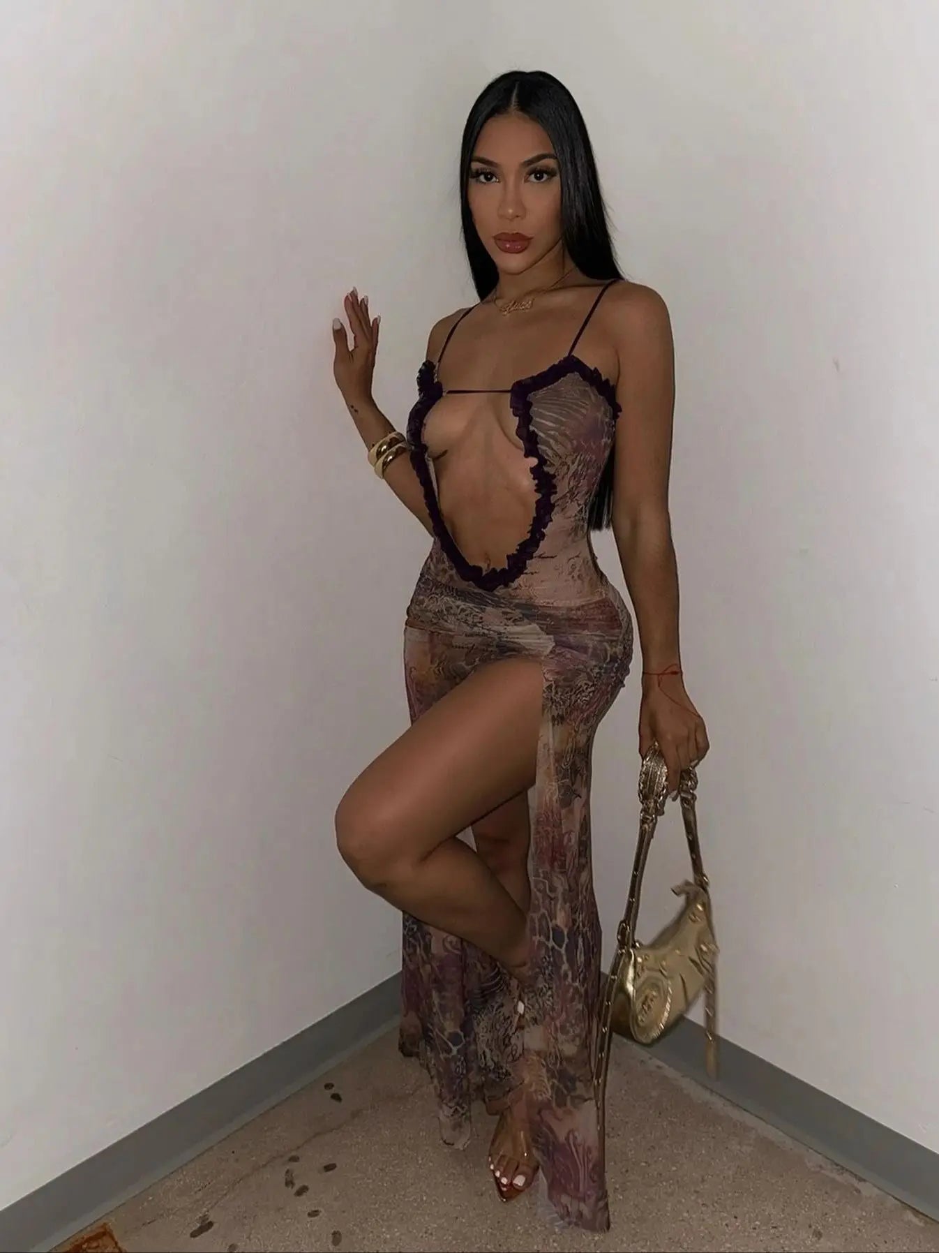 Sheer Mesh Maxi Dress With Lace Up Detail