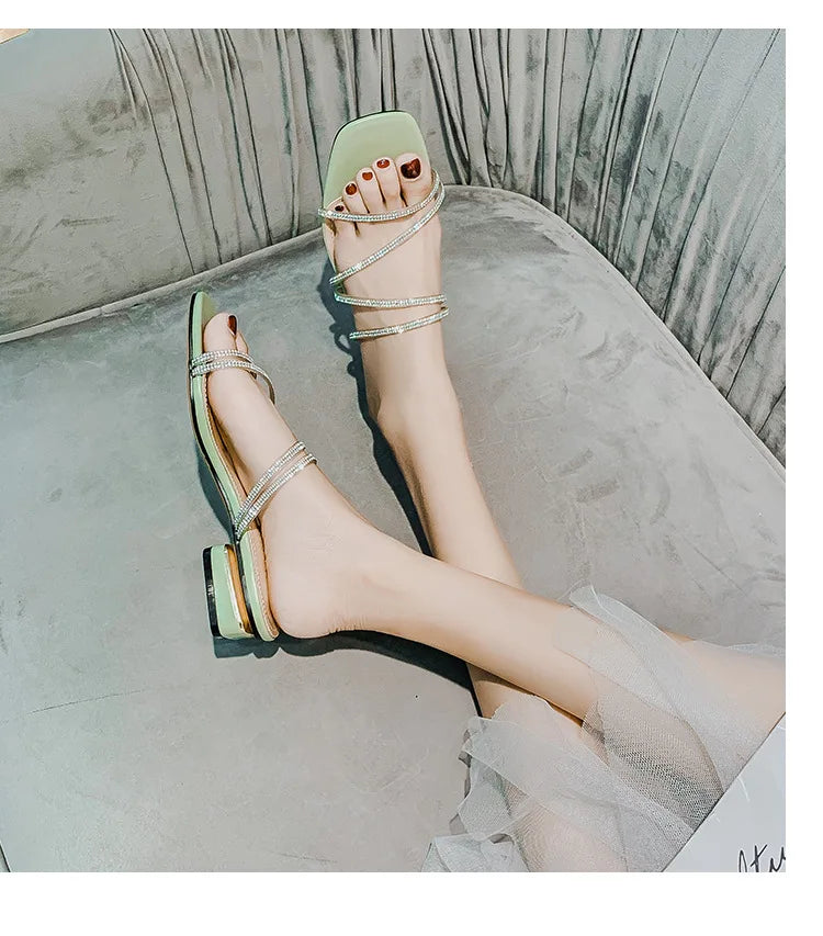 Crystal Rhinestone Clear Strap Sandals With Low Heel