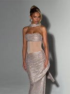 Sequins Off Shoulder Dress With Cinched Waist Sheer Ribbon Pleated Long Sleeves Glam