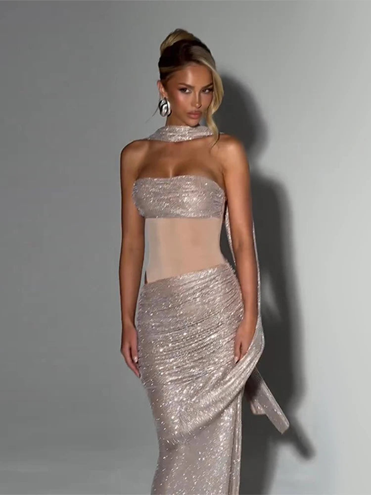 Sequins Off Shoulder Dress With Cinched Waist Sheer Ribbon Pleated Long Sleeves Glam