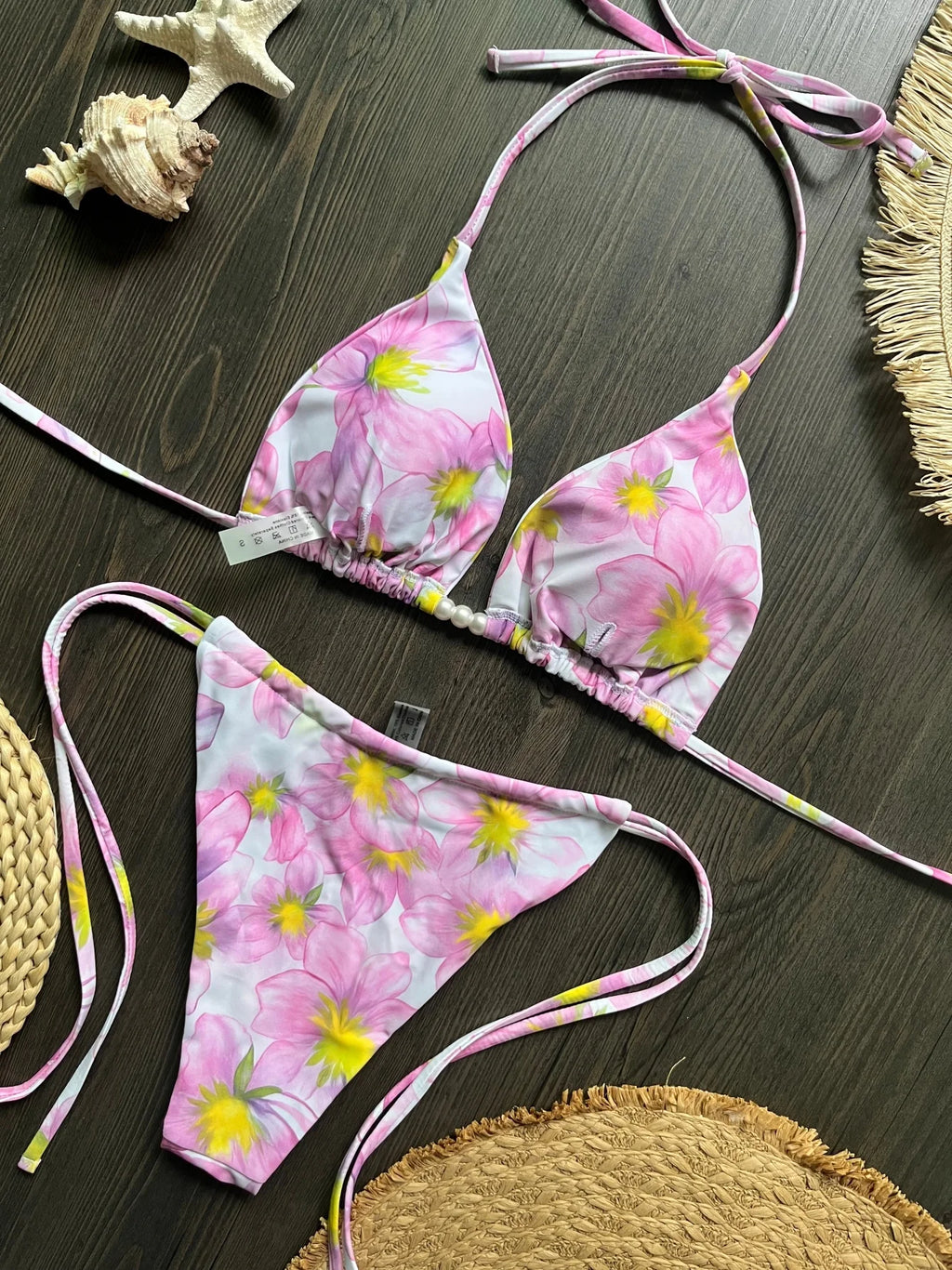Pearl Accent Halter Bikini Set Luxury Brazilian Beachwear Push Up Swimsuit Print