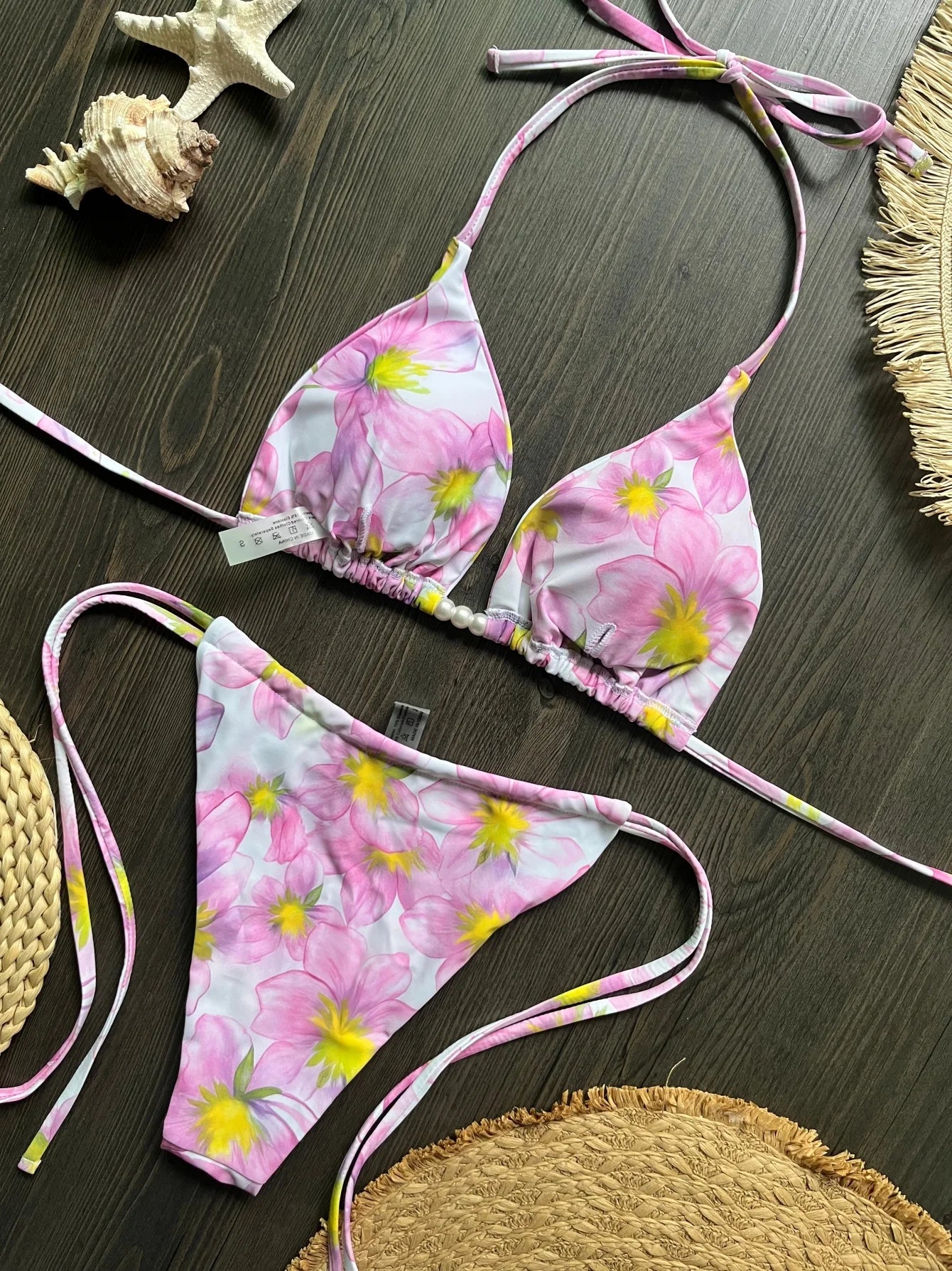 Pearl Accent Halter Bikini Set Luxury Brazilian Beachwear Push Up Swimsuit Print