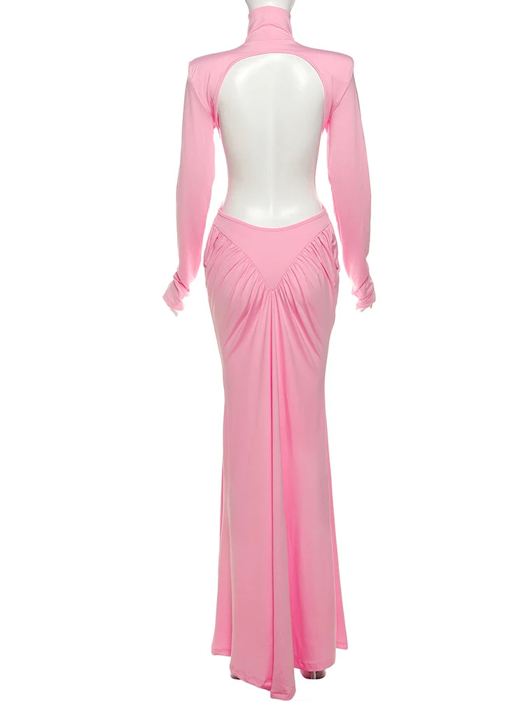 Peach Backless Maxi Dress With Waistless Silhouette And Ruched Elegance