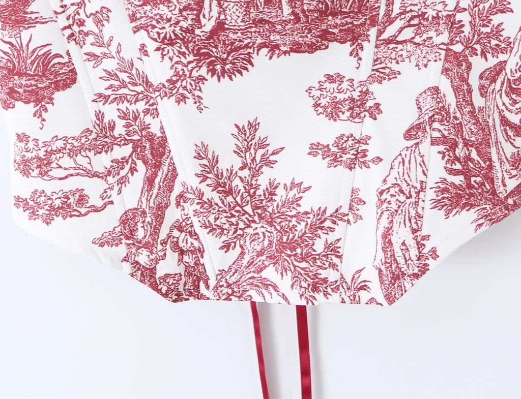 Sexy Women's Print Corset Top Bow Tie Straps Lacing Up Back Top
