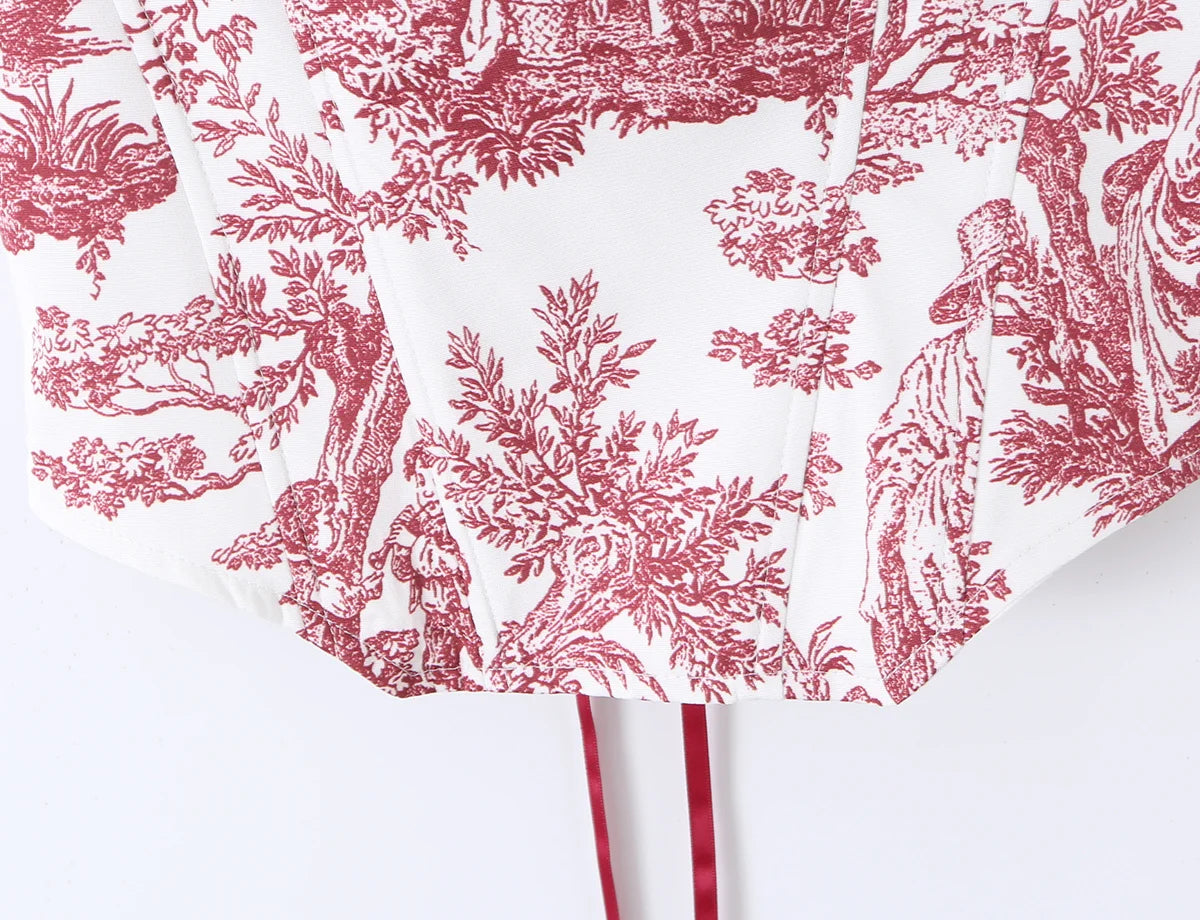Sexy Women's Print Corset Top Bow Tie Straps Lacing Up Back Top