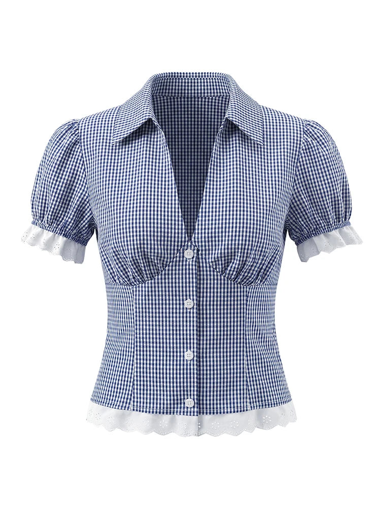 Vintage Lapel Collar Puff Sleeve Lace Patchwork Sweet Plaid Single Breasted Blouse