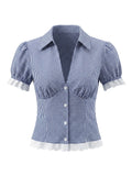 Vintage Lapel Collar Puff Sleeve Lace Patchwork Sweet Plaid Single Breasted Blouse