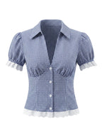 Vintage Lapel Collar Puff Sleeve Lace Patchwork Sweet Plaid Single Breasted Blouse