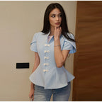 Blue Stand Collar Puff Sleeve Blazer Single Breasted