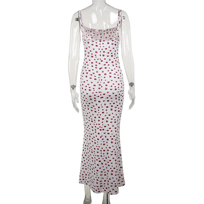 Floral Spaghetti Strap Maxi Dress With Lace Trim And Lace Up Detail