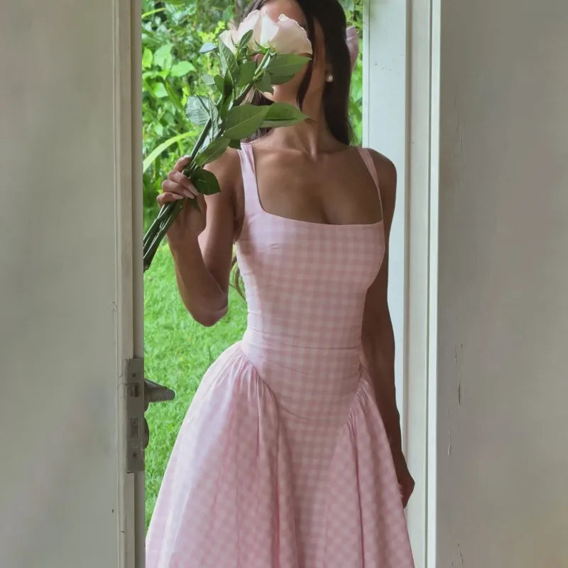 Gingham Square Neck A-Line Midi Dress With Pockets