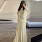 Flare Sleeve Maxi Dress With Ruffle Detail O Neck High Waist Pleated