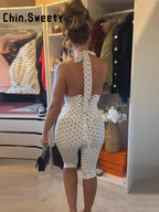 White With Black Dots Halter Top And Vest Capri Pants Set Two Piece