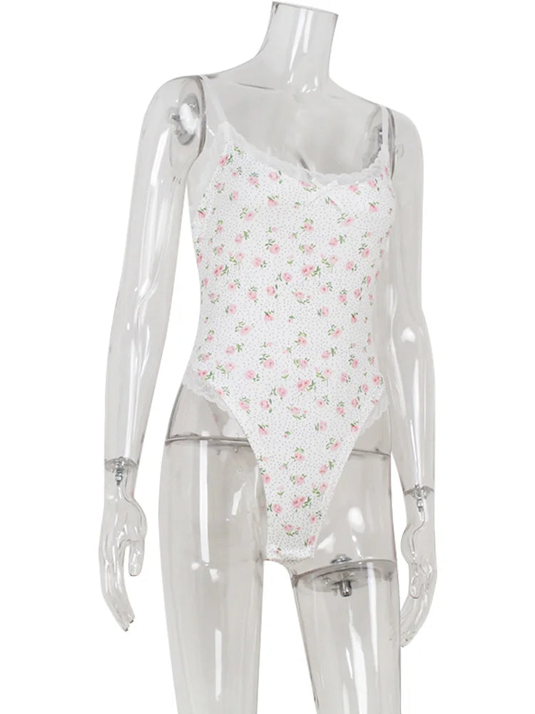 Printed Bodysuit Sleeveless V Neck Romper See Through Top