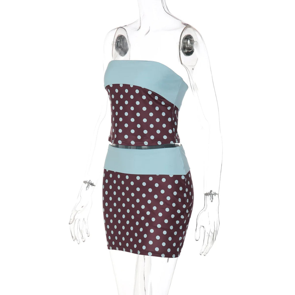 Polka Dot Strapless Vest Top And Color Block Two Piece Set For High Waist Summer Chic Bodycon Skirt Outfit