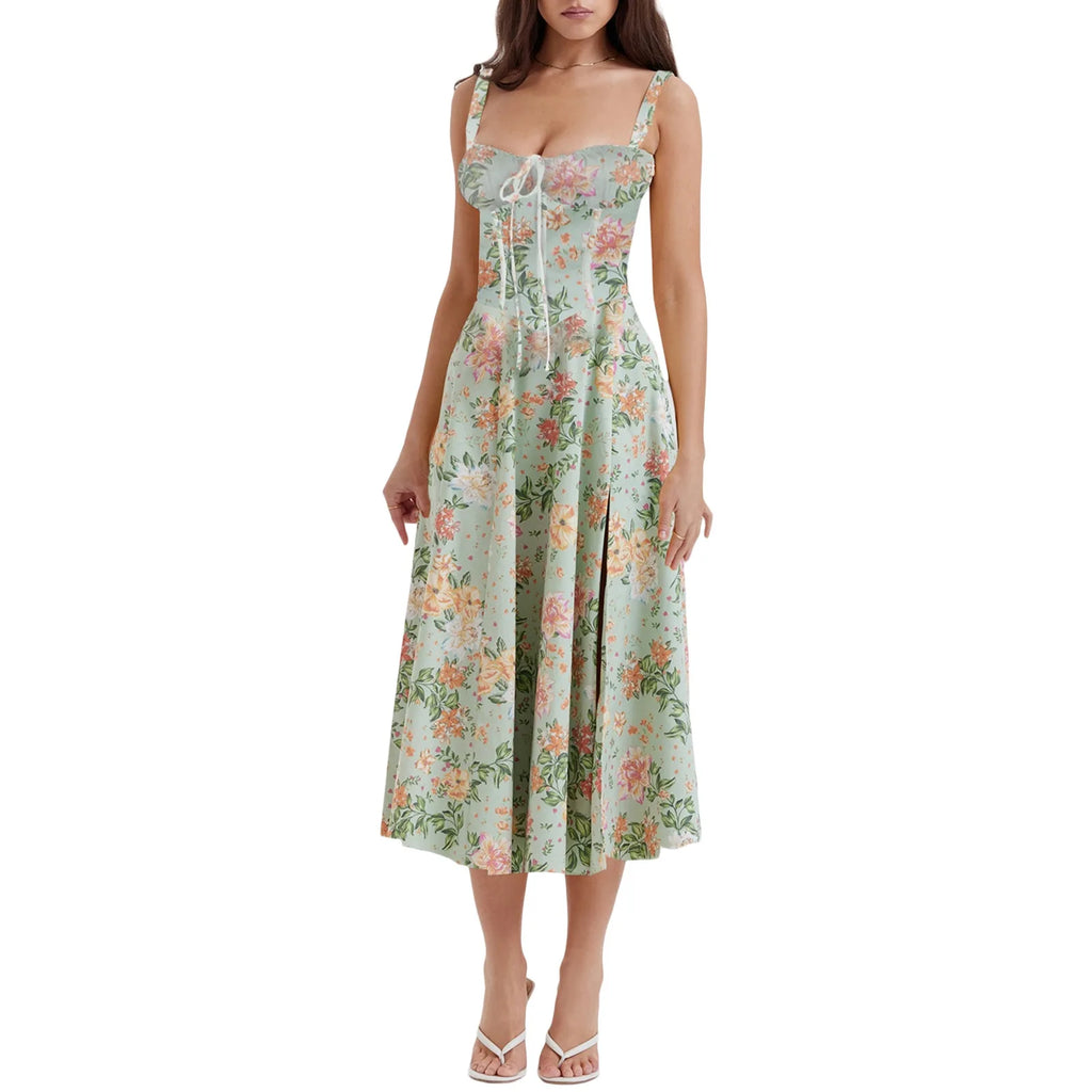 Spaghetti Strap Maxi Dress With Wrap Bow Lace Up Front Elegant Long Gown