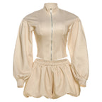 Stripe Zipper Cardigan And Ruched Mini Skirt Set