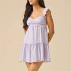 Women's Ruffle Sleeve Lace Trim Babydoll Mini Dress V Neck Tiered Swing with Smocked Back